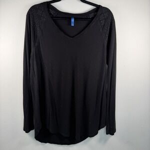 FALLS CREEK Black Knit Top Size L Black Embroidery Floral Boho Soft Long Sleev